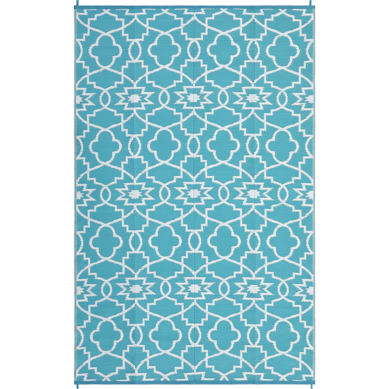 Waterproof Outdoor Rug 9x18 Reversible Plastic Woven Straw Mat with Modern Floral Geometric Design - Perfect for Camping, RVs, Patios, Backyards, Decks, Picnics, and Beach Use, Light blue