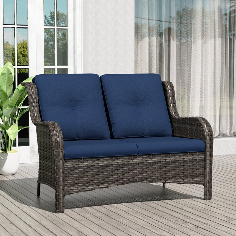 Anahit Outdoor Wicker Loveseat with Cushions, Blue