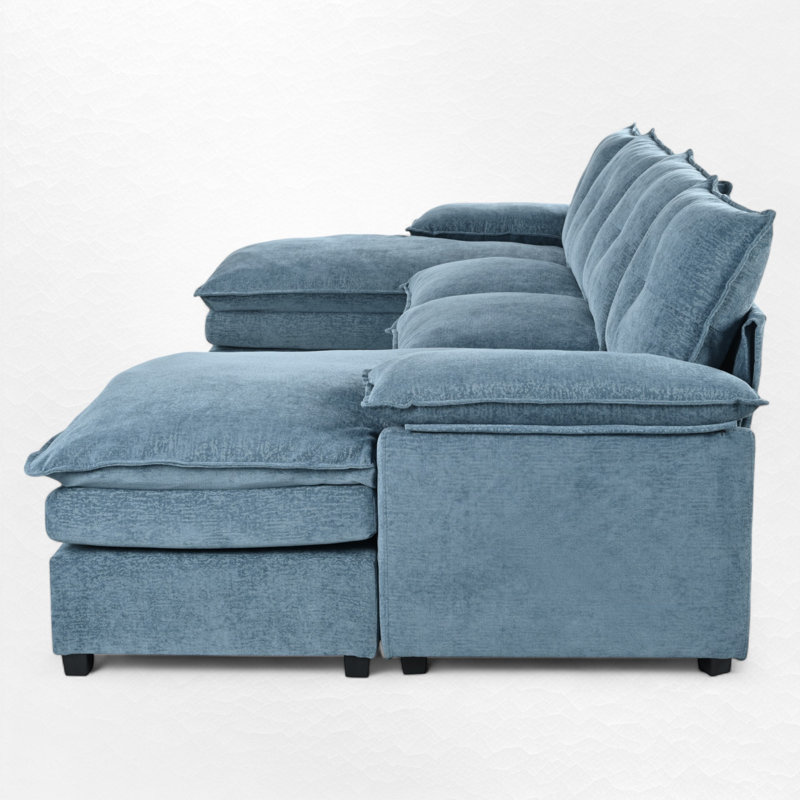 3 Pieces Upholstered U-Shaped Large Sectional Sofa With Thick Seat And Back Cushions, Blue