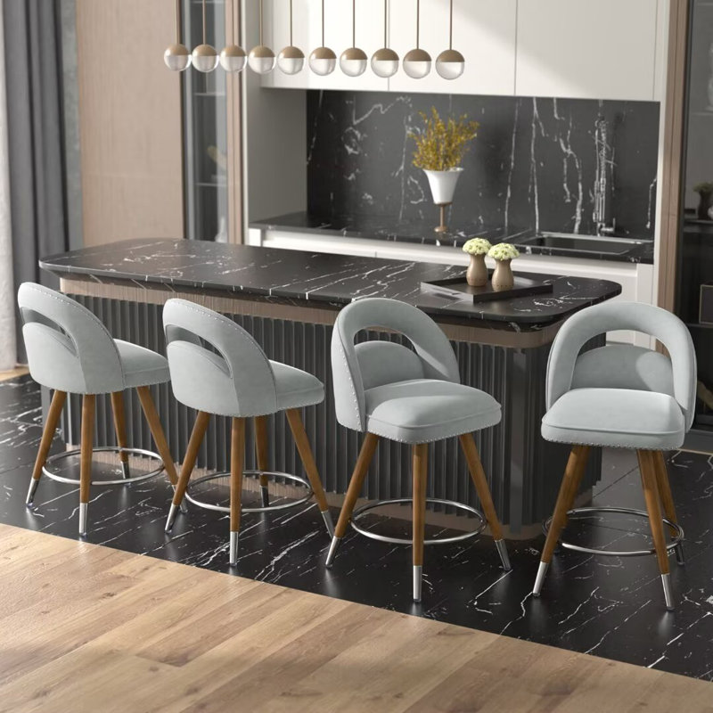 Gray Velvet Swivel Counter Stools with Solid Wood Legs, Set of 4