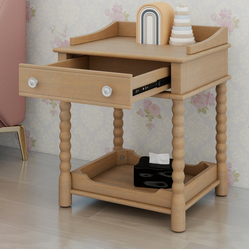 Table de chevet rétro avec tiroir de rangement et tablette ouverte, pieds tournés et poignée en métal