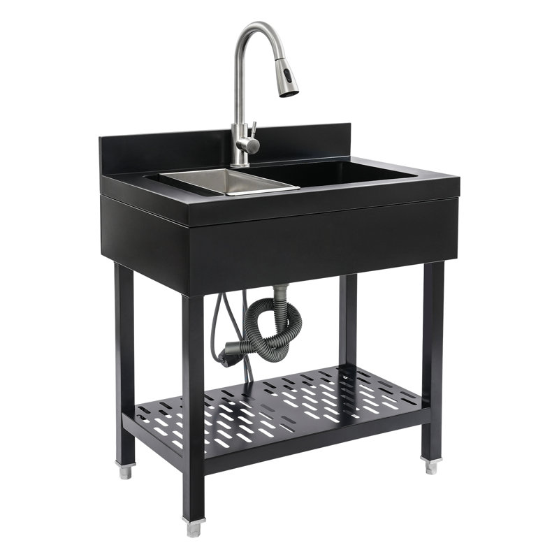 Stainless Steel Single Bowl Utility Sink Freestanding Workstation Sink Kitchen Sink With Pull-Out Faucet, Black