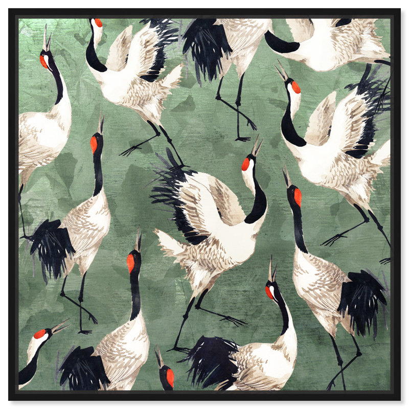 «Animals Grazing Cranes Birds», impression sur toile, H 12 po x l 12 po, Toile encadrée, Noir