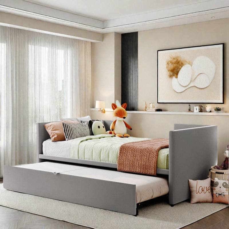 Upholstered Daybed With Pop Up Trundle, Gray