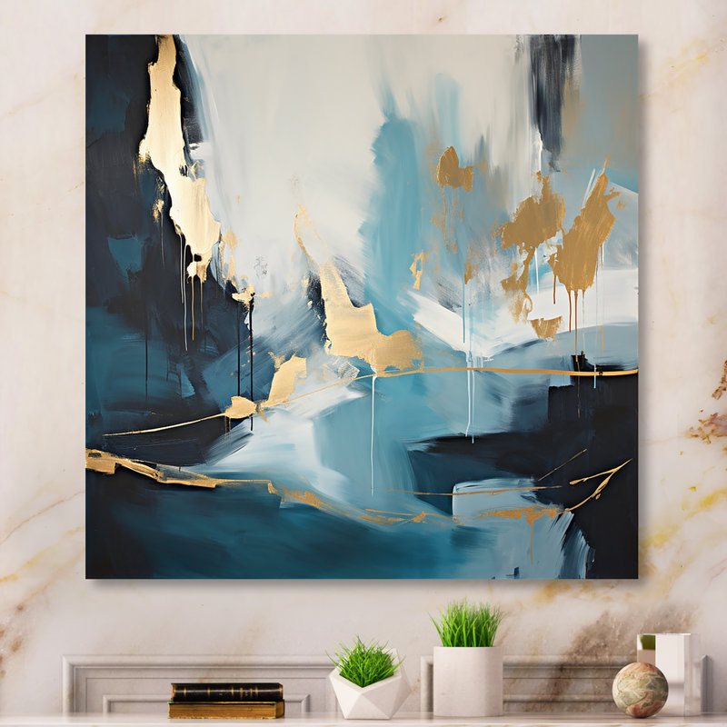 Or et bleu, expression abstraite 3 - Art mural abstrait, Toile tendue, H 36 po x l 36 po x P 1,5 po