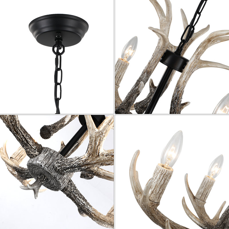 4-Light Rustic Faux Antler Resin Chandelier with Adjustable Chain, Matte Black/Natural, 4 Lights