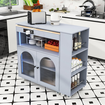 Rolling Kitchen Island with Extended Table, Kitchen Island with LED Light, Power Outlets and Storage by Ivy Bronx
