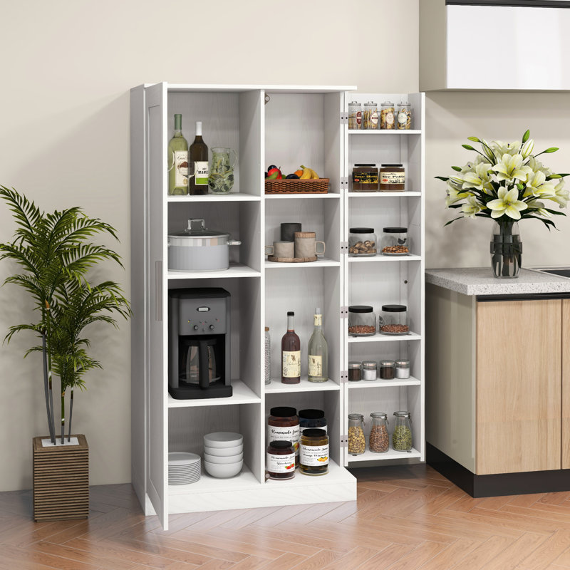 14 Freestanding Kitchen Storage Cabinet, 2 Doors, Adjustable Shelves, White For Living & Dining Rooms White, Optimizes Room Space Utilization