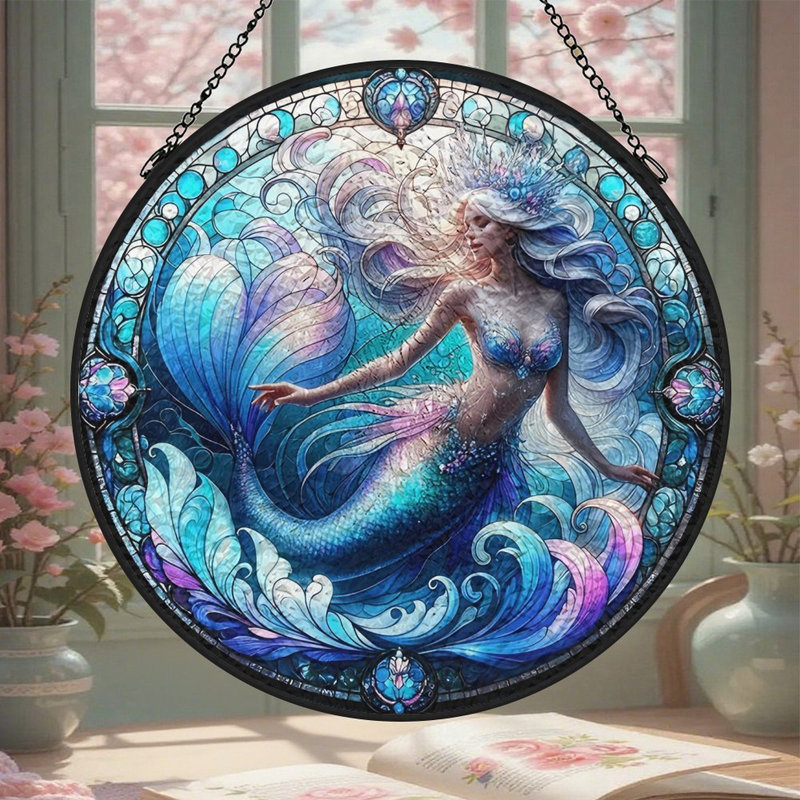 Panneaux en verre coloré « Sirène » représentant un attrape-soleil pour la décoration de fenêtre, 6,3 x 6,3 po (16 x 16 cm)