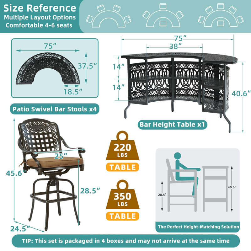  Ensemble de bar d'extérieur 5 pièces avec table de patio en aluminium coulé à 3 niveaux et demi-lune de 75 po et 4 tabourets pivotants rembourrés, grand ensemble de bar pour l'extérieur pour jardin, cour et terrasse
