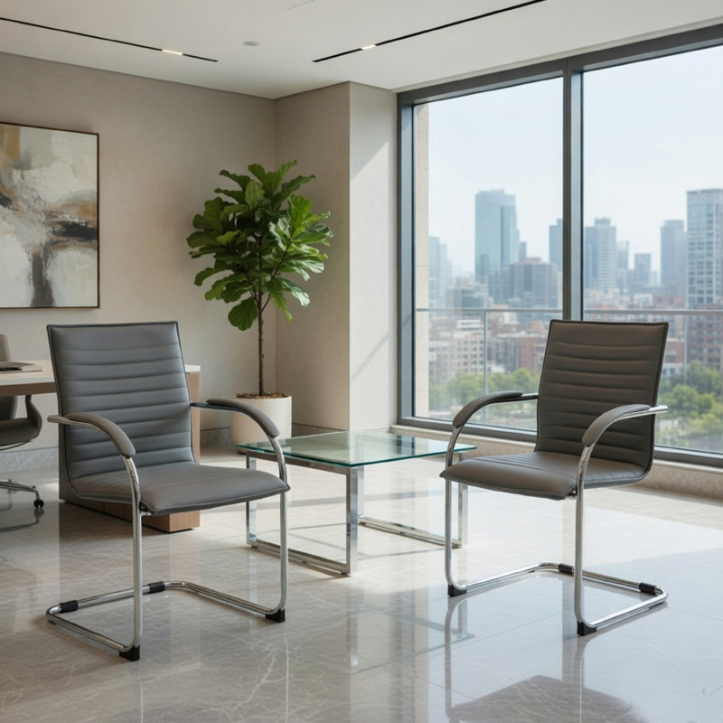Ensemble de 2 chaises de bureau Neni, vinyle gris rembourré de mousse, porte-à-faux chromé, Gris