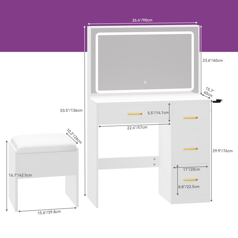 Azusena 35.4'' Vanity Built-In Outlets with Lighted Mirror, White