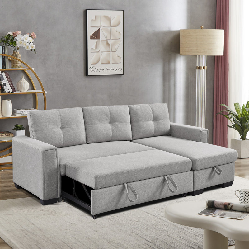 Canapé-lit modulaire convertible en tissu avec méridienne réversible de 92 po Apollo, Tissu gris pâle