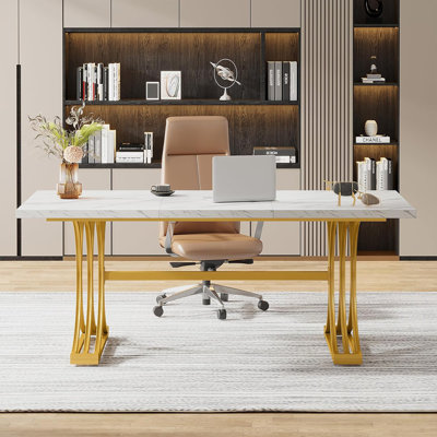 Bureau de direction moderne, grand bureau d'ordinateur avec pieds en X élégants, station de travail en faux marbre, mobilier de bureau pour la maison