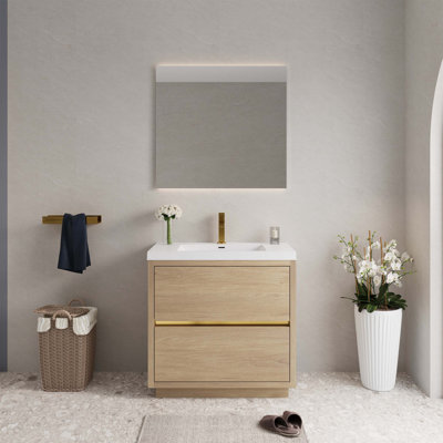 Meuble-lavabo autoportant avec lavabo, armoire de rangement avec comptoir et tiroirs à fermeture en douceur, idéal pour les salles de bain organisées et confortables