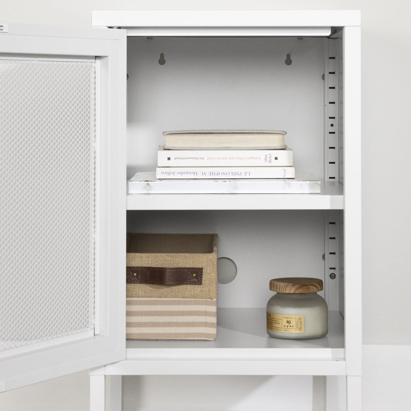 White Metal End Table with Perforated Mesh Door and Storage