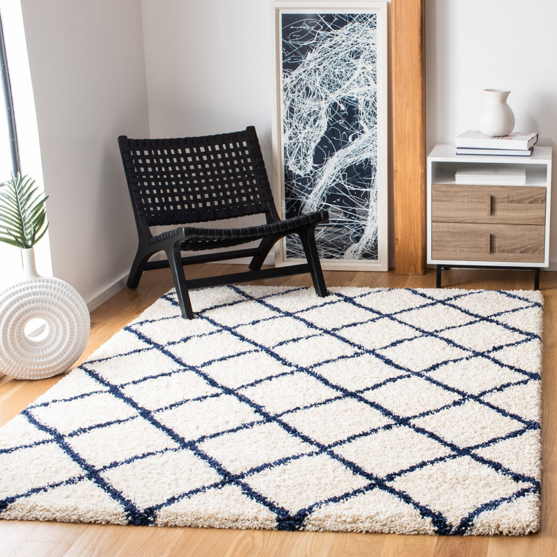 Tapis ivoire / bleu marine à motif géométrique Stanislaw, Rectangle 4 pi x 6 pi