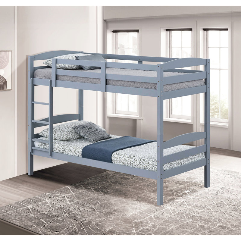 Lit simple au-dessus d'un lit superposé, conception à lattes arquées de style transitionnel gris, bois massif et d'ingénierie, système de joints, lit de 65 po de hauteur avec design transitionnel, profondeur de 42,5 po pour l'installation