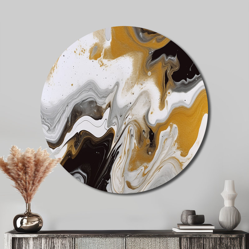 Vagues de marbre dorées et noires III - Abstrait rond, impressions sur métal, H 29 po x l 29 po