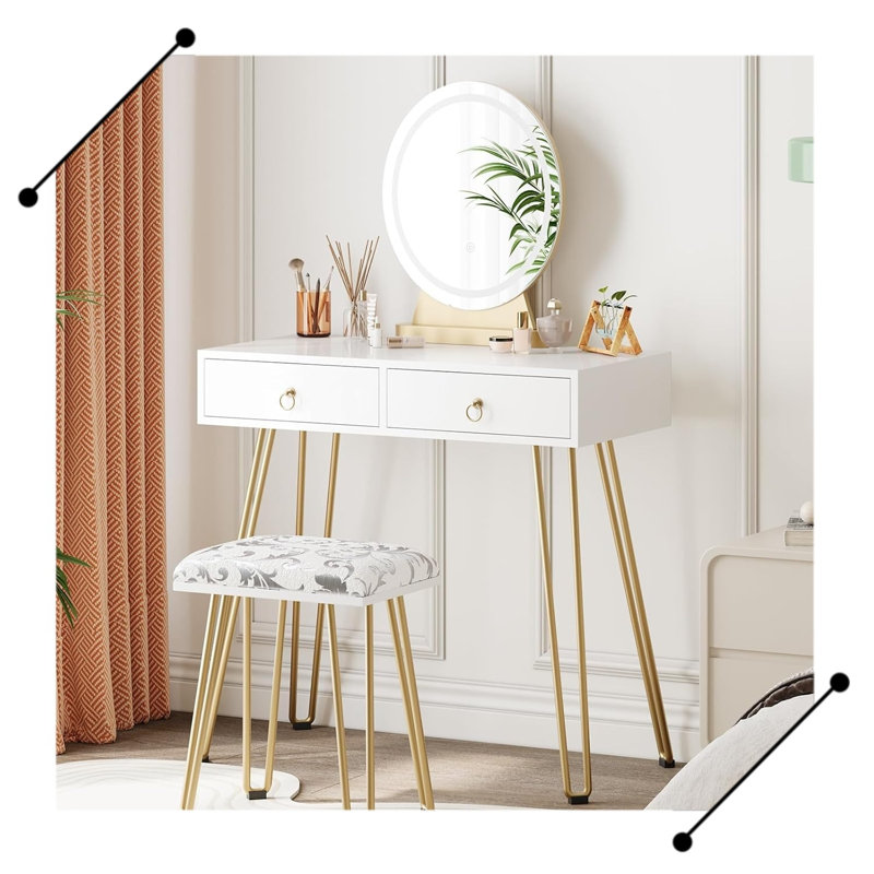 Table with Mirror Lamp,Dressing Table with 2 Drawers