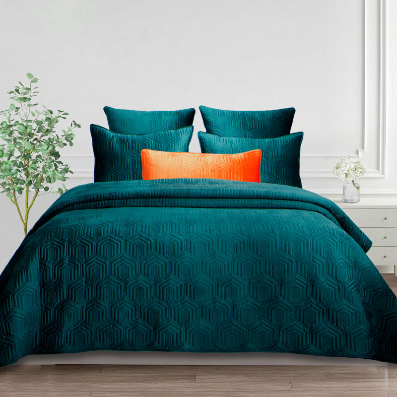 3 Pieces Velvet Quilt Set - Quilted Bedspread Coverlet Geometric Bedding Modern Contemporary, All Seasons , Teal