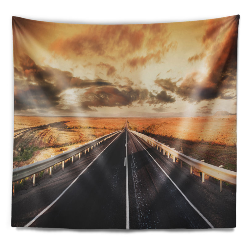 Paysage, route à travers le désert, tapisserie panoramique, H 32 po x l 39 po