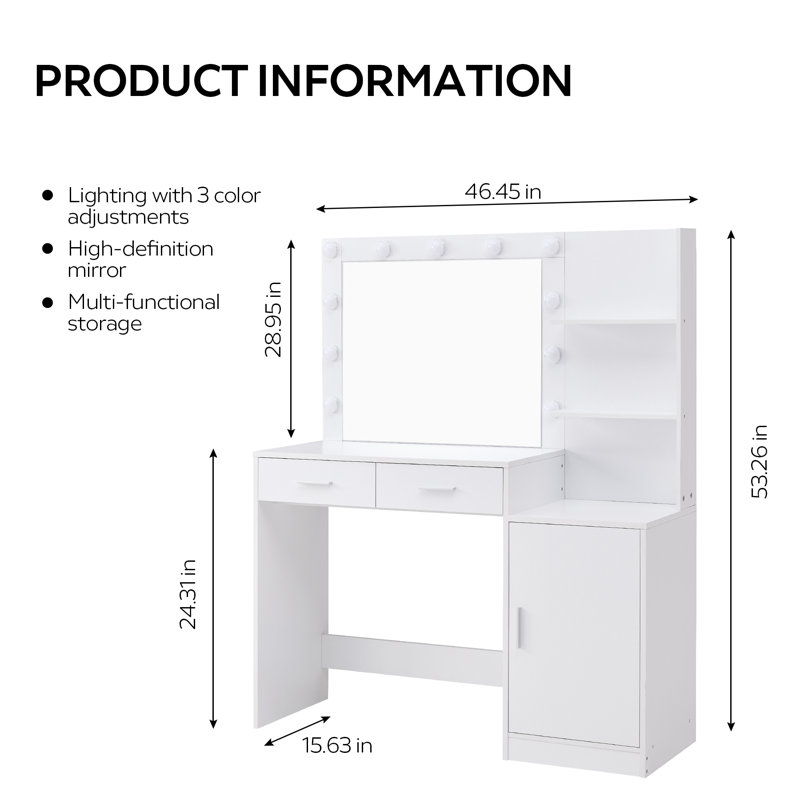 Dumt Vanity Desk with Mirror and Lights, Dressing Table with 2 Large Drawer&Large Vertical Organizer, 3 Level Dresser & 3 Lighting Modes Adjustable Brightness