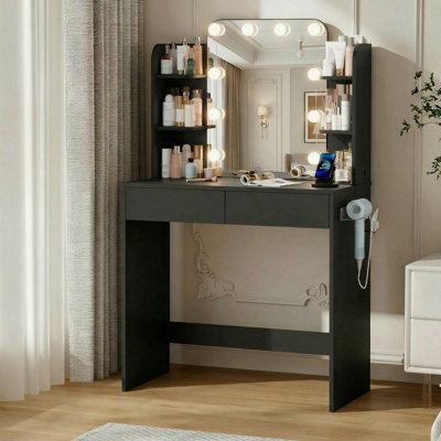Turalt Makeup Vanity Desk With LED Lighted Mirror and Charging Station, Dresser Table With 2 Drawers, 5 open shelves for Bedroom