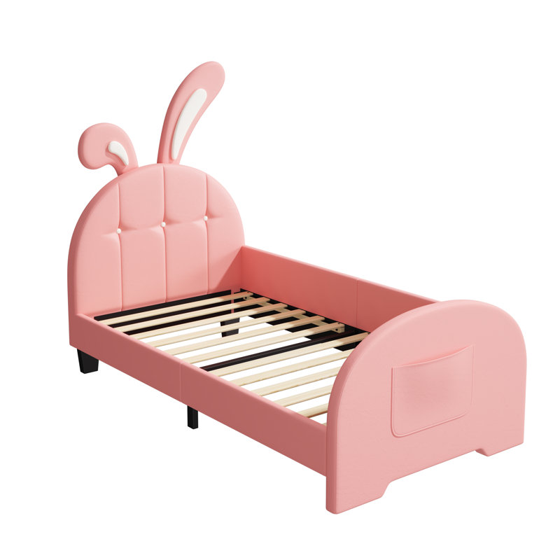 Upholstered Bed With Rabbit Shaped Headboard, Pink