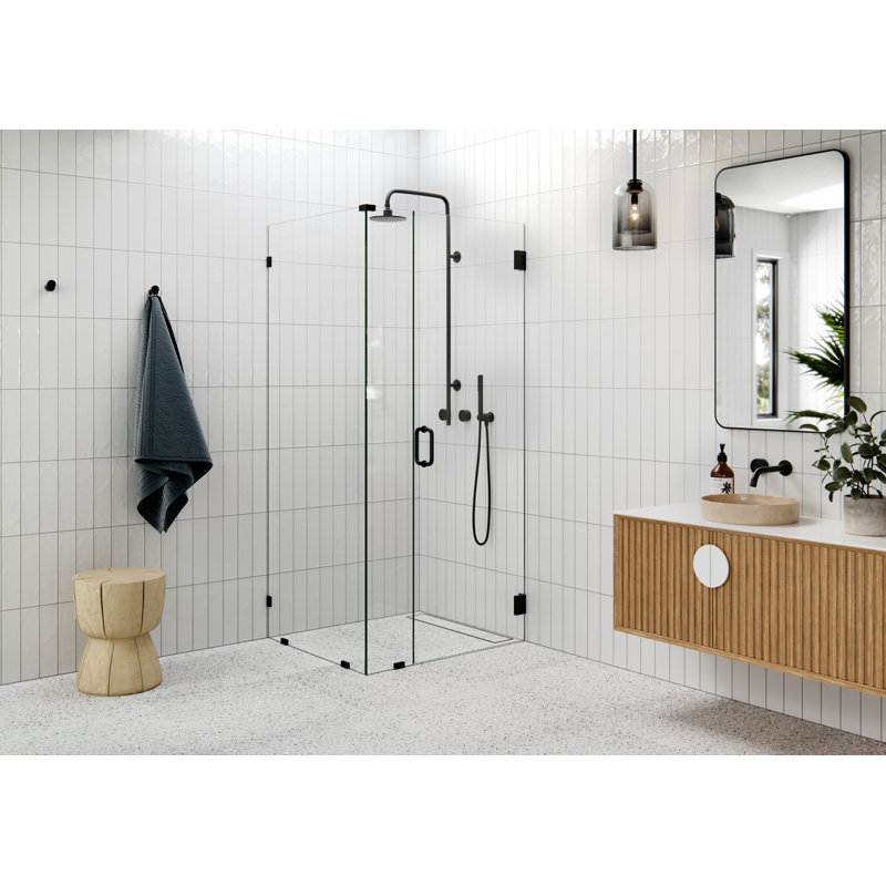 Illume 36 in. x 32 in. x 78 in. 90-degree Fully Frameless Wall Hinged Glass Shower Enclosure, Black