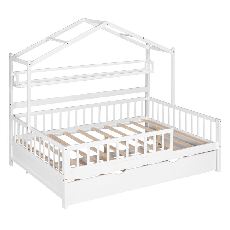 Lit double en bois avec lit gigogne simple, lit pour enfant avec tablette, Lit double