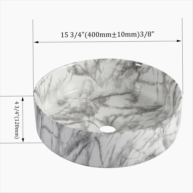 Lavabo de salle de bain rond en céramique sur fond blanc avec motifs gris, Blanc / Gris