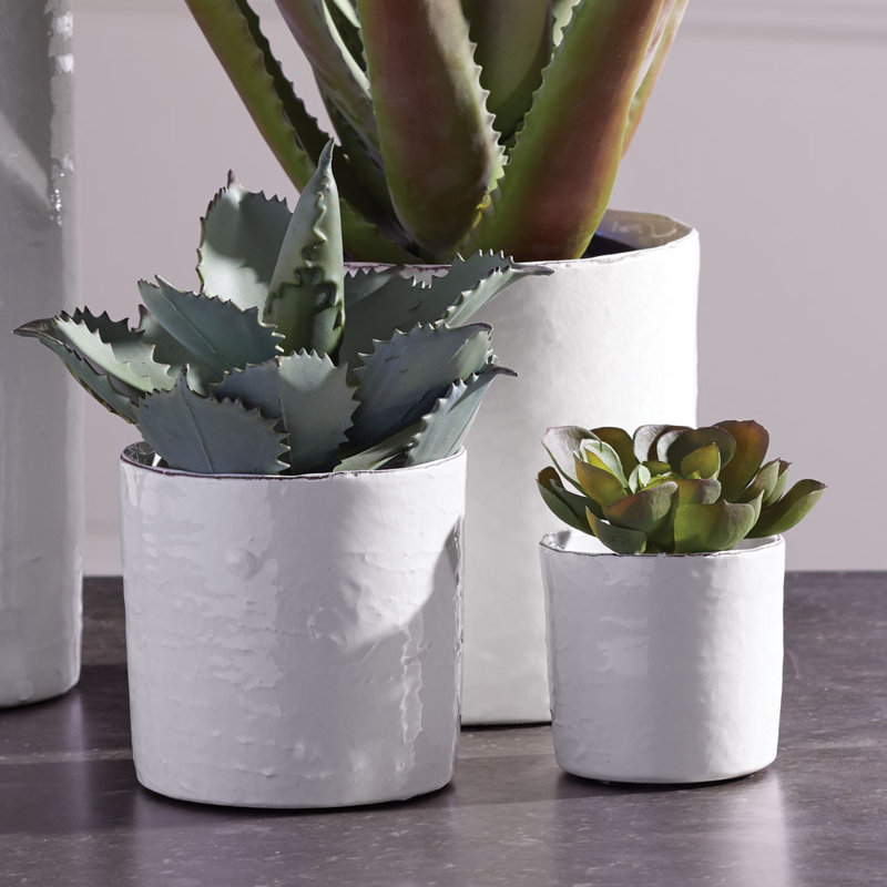 Arterra Crackle-Glaze White Ceramic Cachepots, Set of 3, White