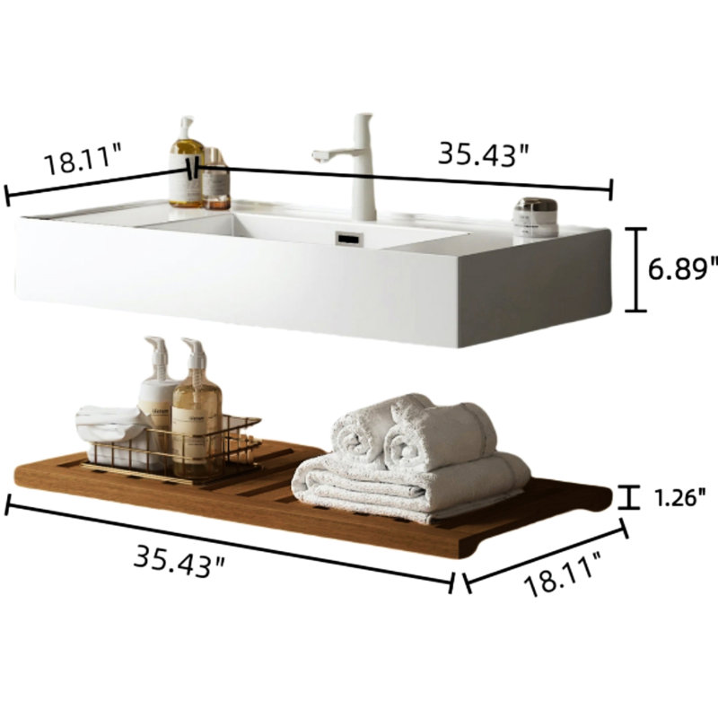 Meuble-lavabo de 36 po - lavabo vasque, lavabo en acrylique blanc, tablettes en noyer foncé, fonction de rangement pratique