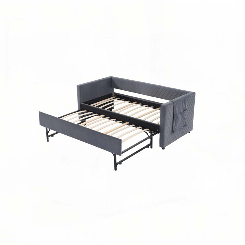 Upholstered Daybed with Trundle,USB Port ,Side Pockets, Gray