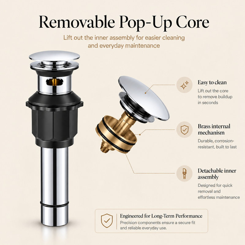 Bonde escamotable en acier inoxydable avec trop-plein, Chrome poli