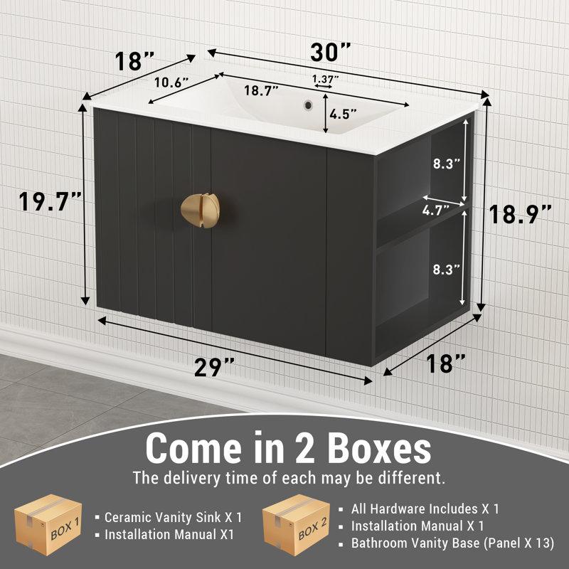 30＂Wall-mounted Single Bathroom Vanity With Ceramic Top-right Side Cabinet, Black