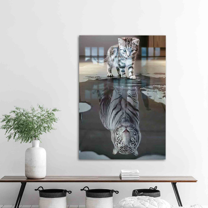 Superbe art mural en verre trempé à réflexion de tigre parfait pour les amoureux des chats et les passionnés de décorations uniques à thème animalier | Rectangle