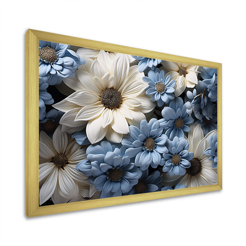 Marguerite blanche et bleue Innocence sur toile, Encadrement doré, H 16 po x l 32 po