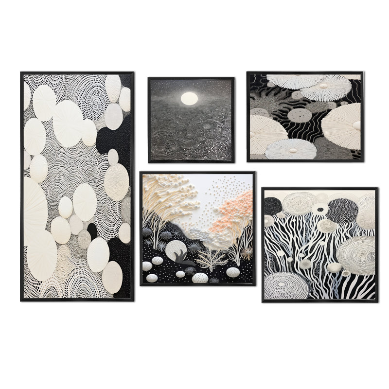 Abstrait corail noir et blanc abstrait - ensemble d'art mural sur toile corail sous l'eau, Cadre flottant noir