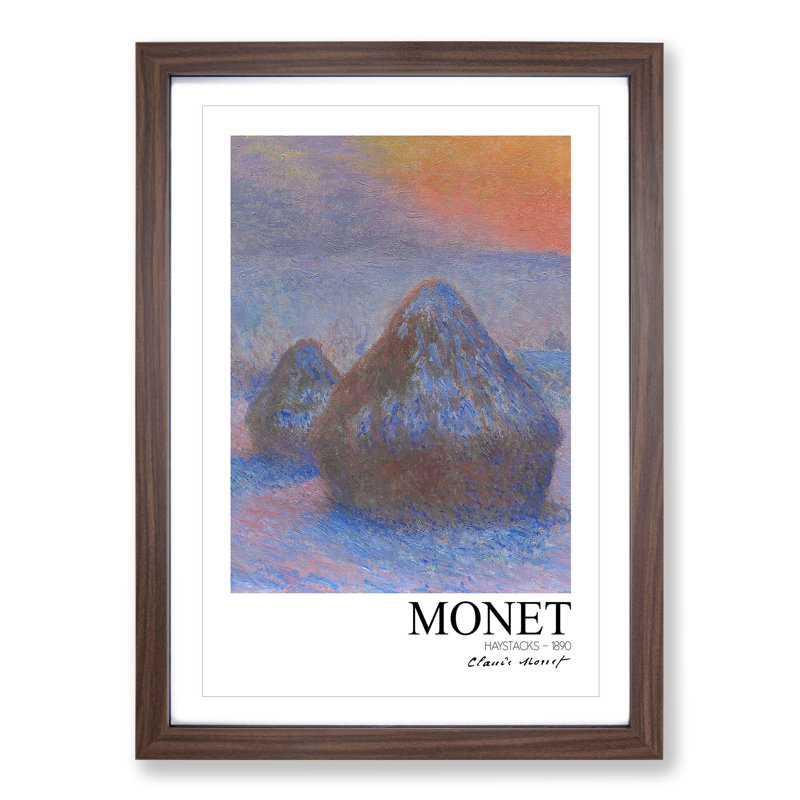 Haystacks with Border by Claude Monet - Picture Frame Painting, 36cm H x 27cm W x 2cm D, Walnut Framed