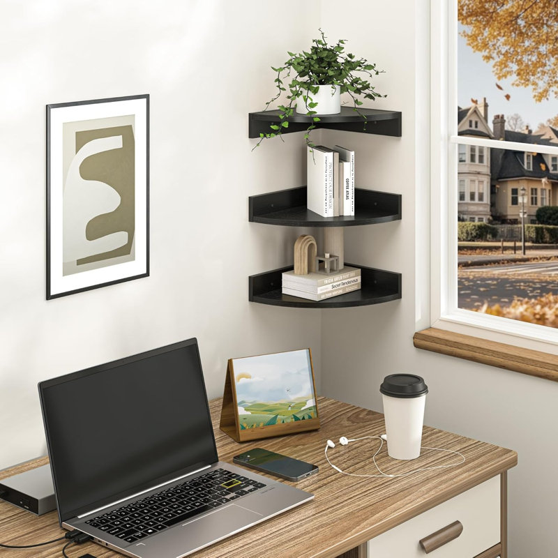 Floating Corner Shelves Wall Mount, Wood Corner Wall Shelf Set For Bedroom Bathroom Kitchen Living Room Office, Rustic Decor With Cable Hole, Sturdy Particle Board Construction, Easy Installation