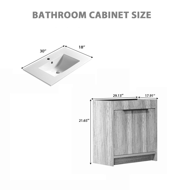 Meuble-lavabo sur pied de 30 pouces avec panneau rainuré 3D et lavabo en céramique intégré