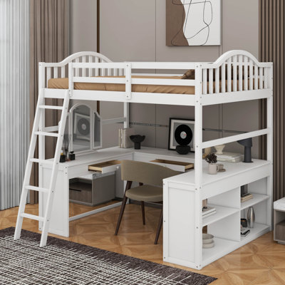 Full Wooden Loft Bed With Desk,Storage Compartments And Tri-Fold Mirror by Harriet Bee
