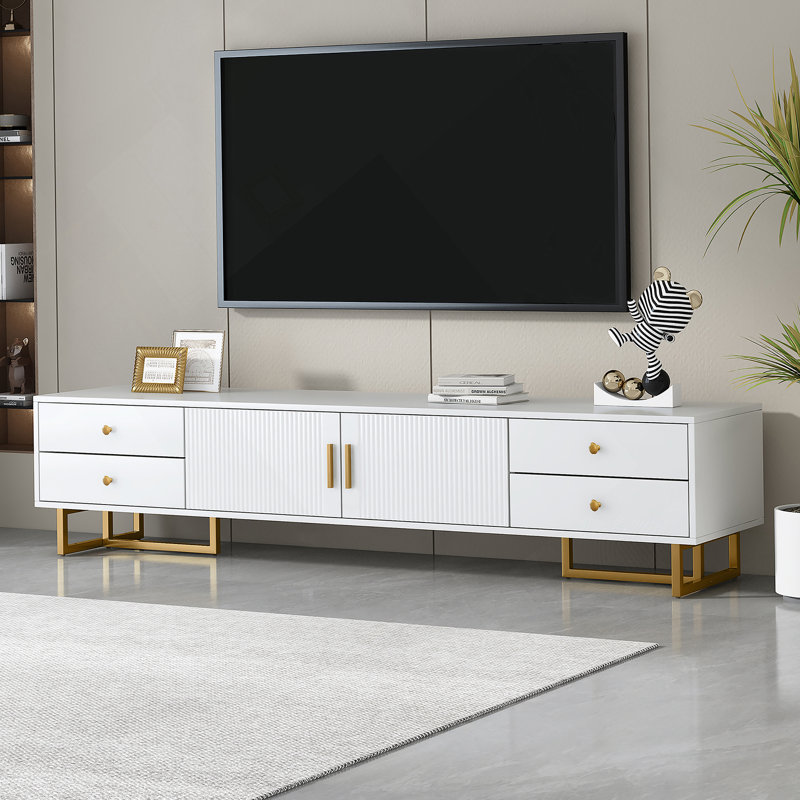Meuble télé contemporain, tablettes réglables, téléviseur 78 po, Blanc