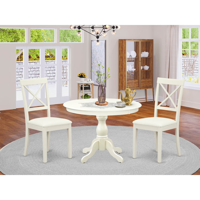 L'ensemble de 3 tables de salle à manger modernes comprend une table ronde en bois avec piédestal et 2 chaises de cuisine en tissu de lin, 42 x 42 pouces, lin blanc