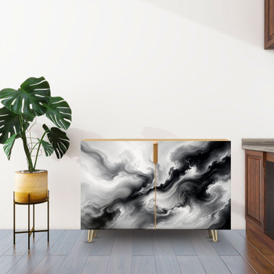 Sideboard Buffet Cabinet with Storage Abstract Black White Swirling Marble Artwork with 2 Doors for Living Room and Kitchen
