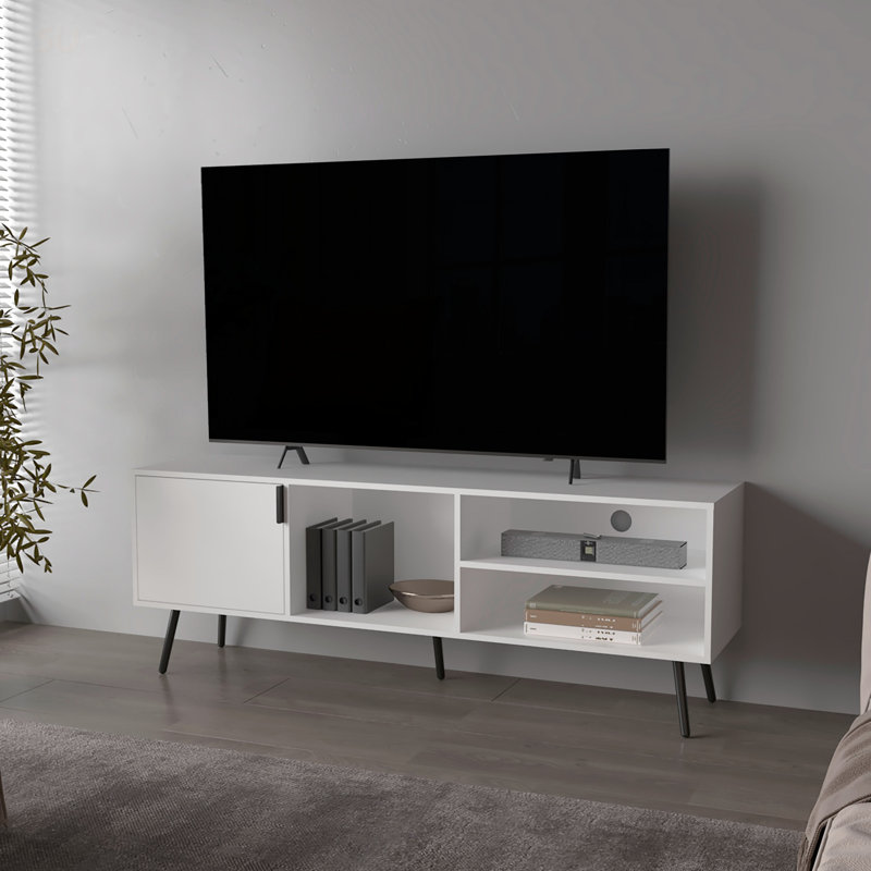 Meuble télé Mescal avec rangement, porte et compartiments ouverts pour la vie organisée, Blanc