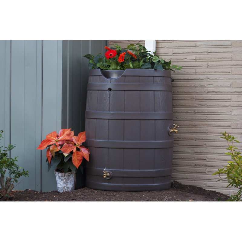 Oak 65 Gallon Rustic Faux Wood Rain Barrel with Planter
