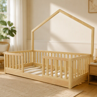 Floor Bed with High Rails, Wooden Bed with Light